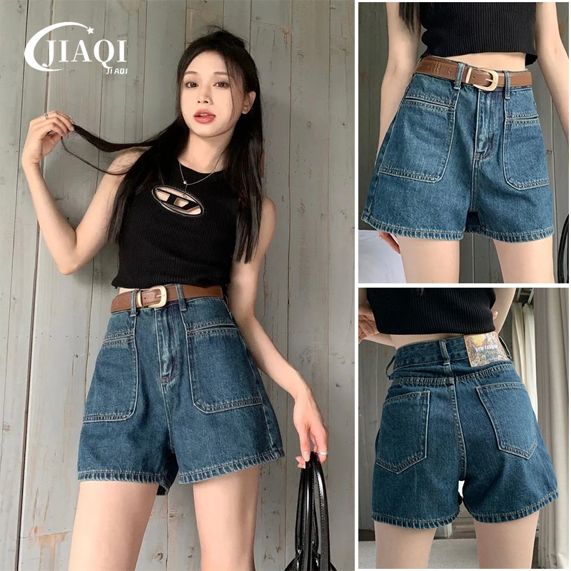 JIAQI 🌟กางเกงยีนส์ขาสั้น🌟 พลัสขนาดกางเกงขาสั้นยีนส์ รูปร่างลูกแพร์ผอมบางท้องสูงข