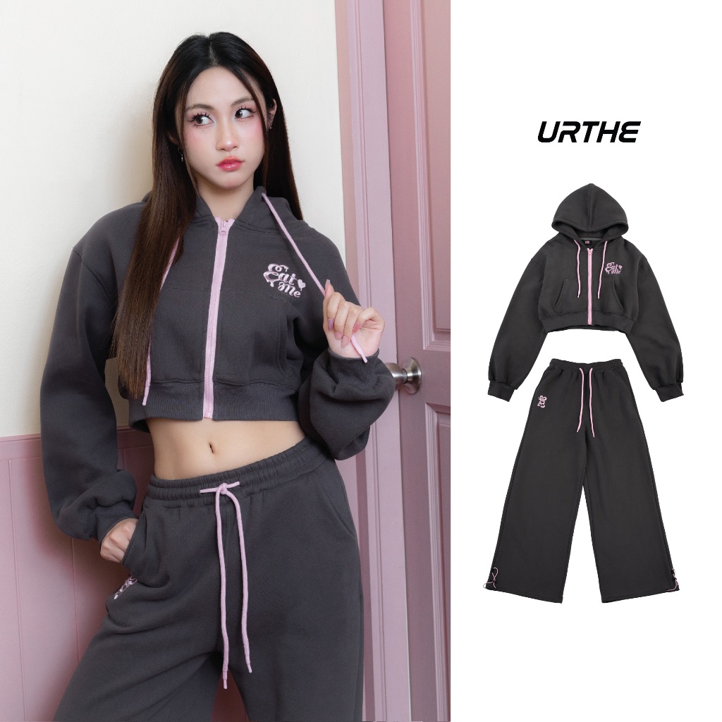 URTHE - ชุดเซต เสื้อฮู้ดครอป กางเกงขายาว รุ่น SWEET BITES
