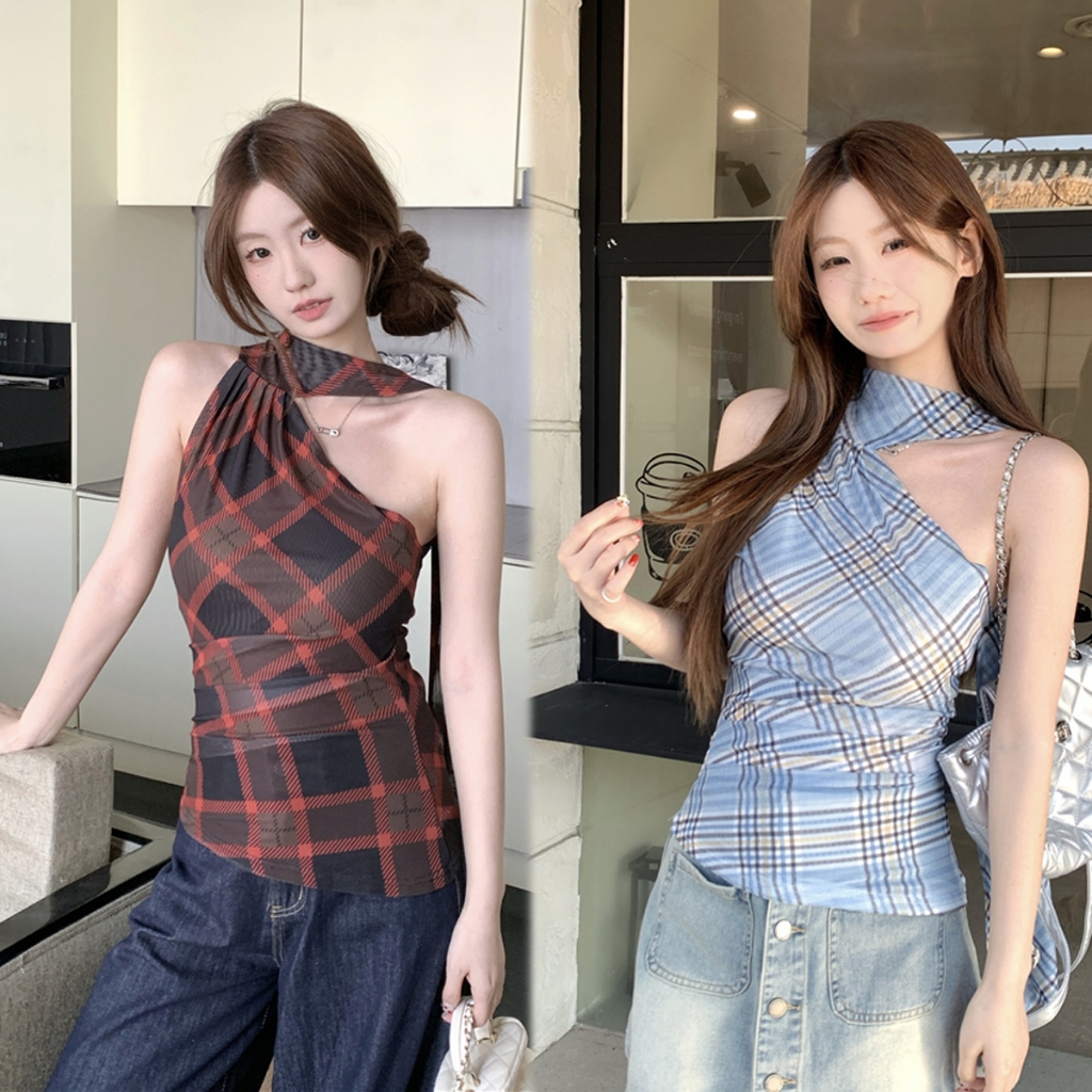 เสื้อเเขนกุด เสื่อคล้องคอปาดไหล่ สีสวย ลายสก๊อต ลุคคุณหนู ออกเเบบพิเศษ #2389