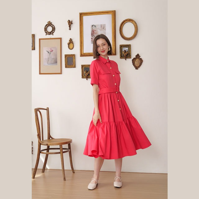 Passara Basic เดรสเชิ้ตเอไลน์ สีแดง