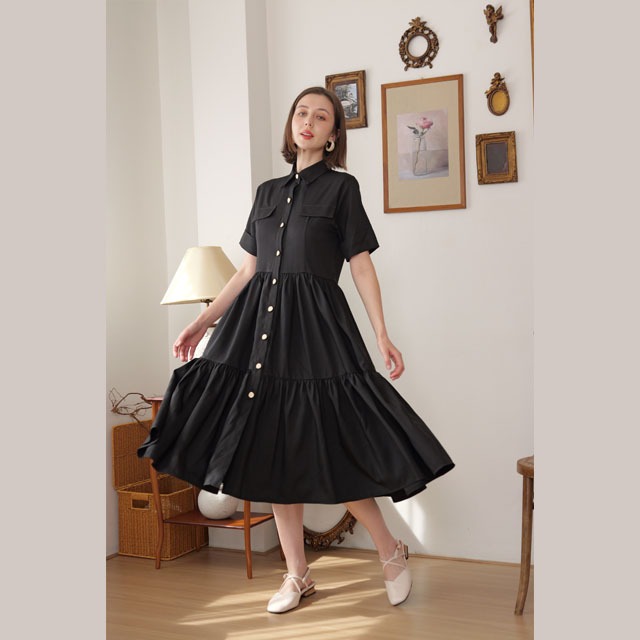 Passara Basic เดรสเชิ้ตเอไลน์ สีดำ