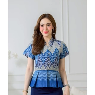เสื้อผ้าฝ้ายคอจีนลายผ้าไทยเอวจีบ