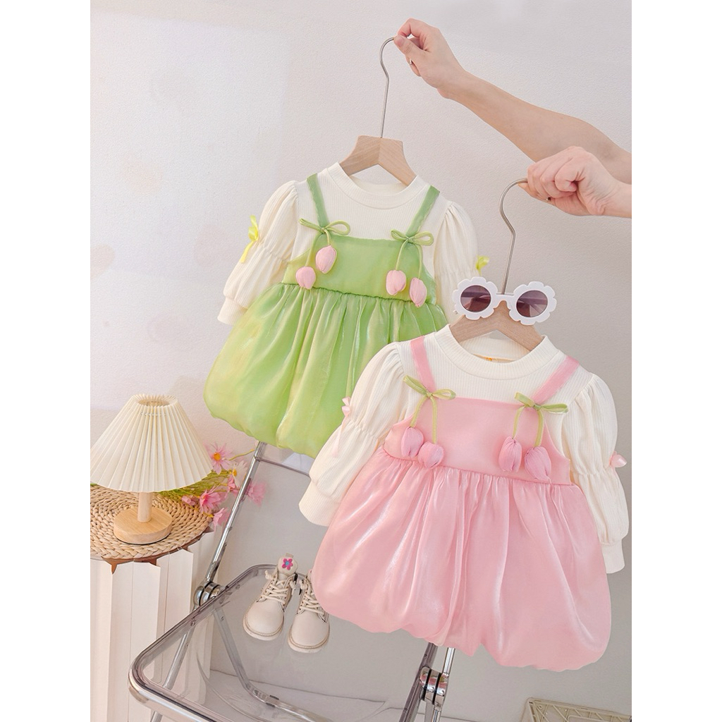 ส่งจากไทย ชุดเดรสแขนยาว แต่งดอกไม้ สไตล์น่ารัก ผ้าไหมแก้ว ผ้านิ่ม นุ่มลื่น มันเงา ใส่สบาย