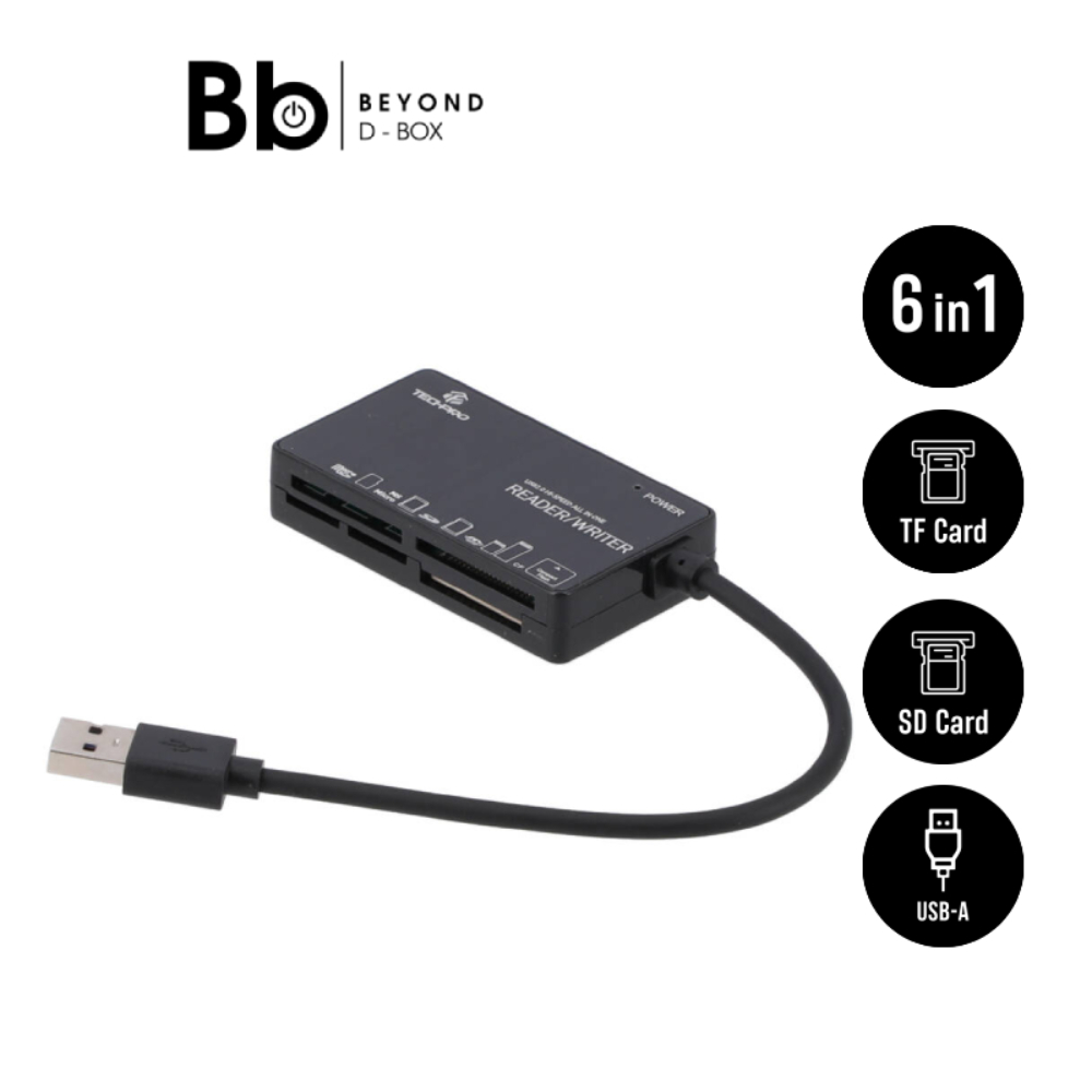 TECHPRO Port Hub Mul-Function 6 in 1 USB-A Card Reader Black by BB Beyond D-Box