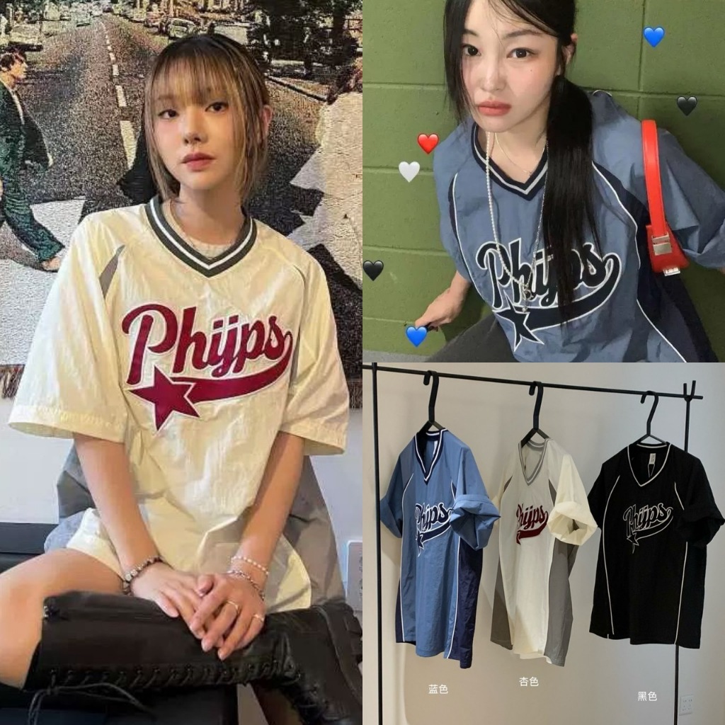 🧡🧵 🇰🇷 W6144 เสื้อแขนสั้น คอวี ผ้าร่ม งานปักโลโก้ที่อก ตัดผ้าสองสี สีสวย ผ้าแฟชั่นเกาหลี TAG WG.WE 🧵🧡
