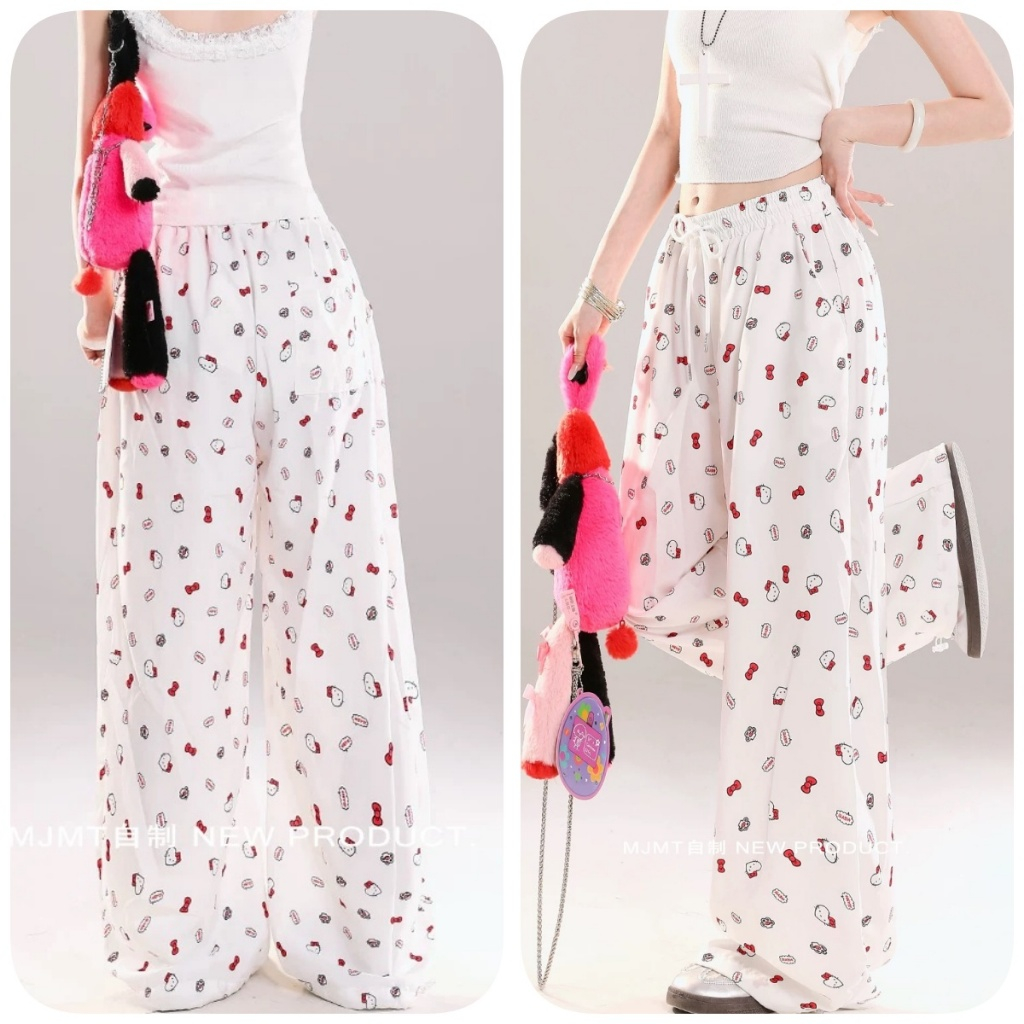 กางเกงคิตตี้ผู้หญิง ลำลอง อเนกประสงค์ ทรงเข้ารูป สวมใส่สบาย ขาบาน พิมพ์ลาย มีกระเป๋าทั้ง 2 ข้าง