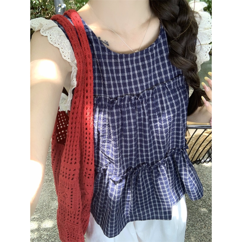 เสื้อเเขนกุด เสื้อกั๊ก สไตล์เกาหลี ลายสก๊อต ขอบลูกไม้#92357 รูปที่ 8