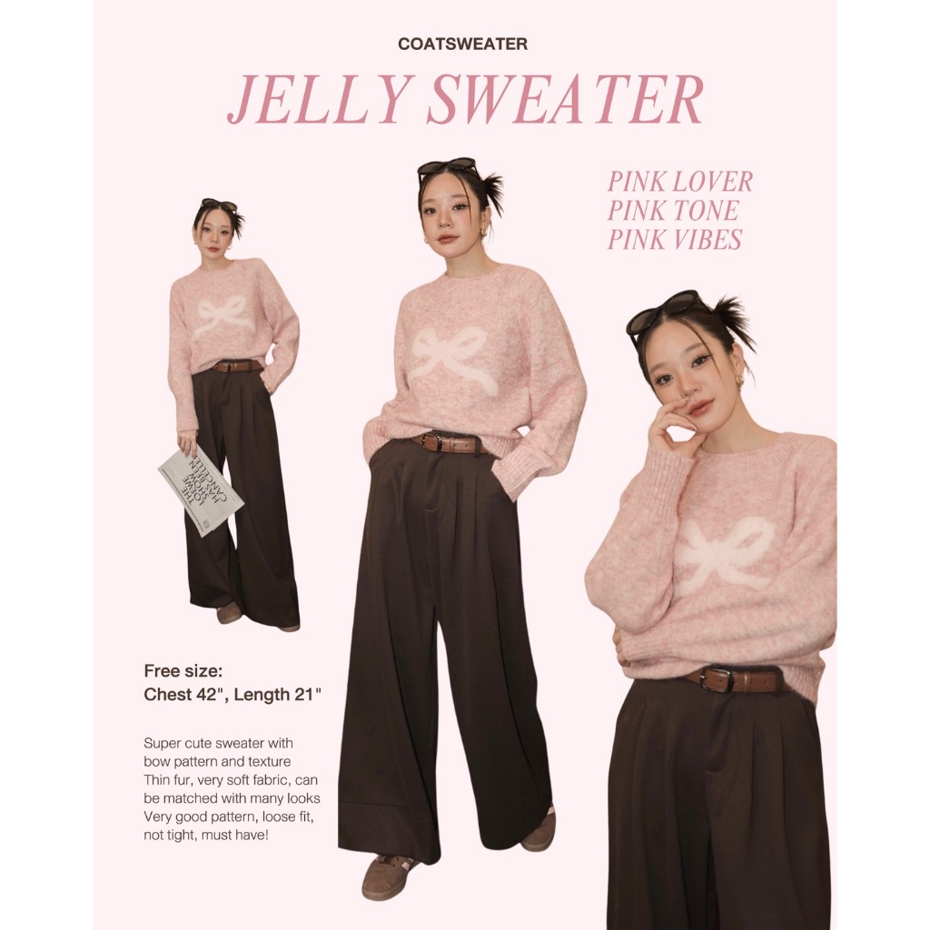 Jelly sweater สีชมพู ** แต่งลายโบว์ น่ารักมากๆค่ะ