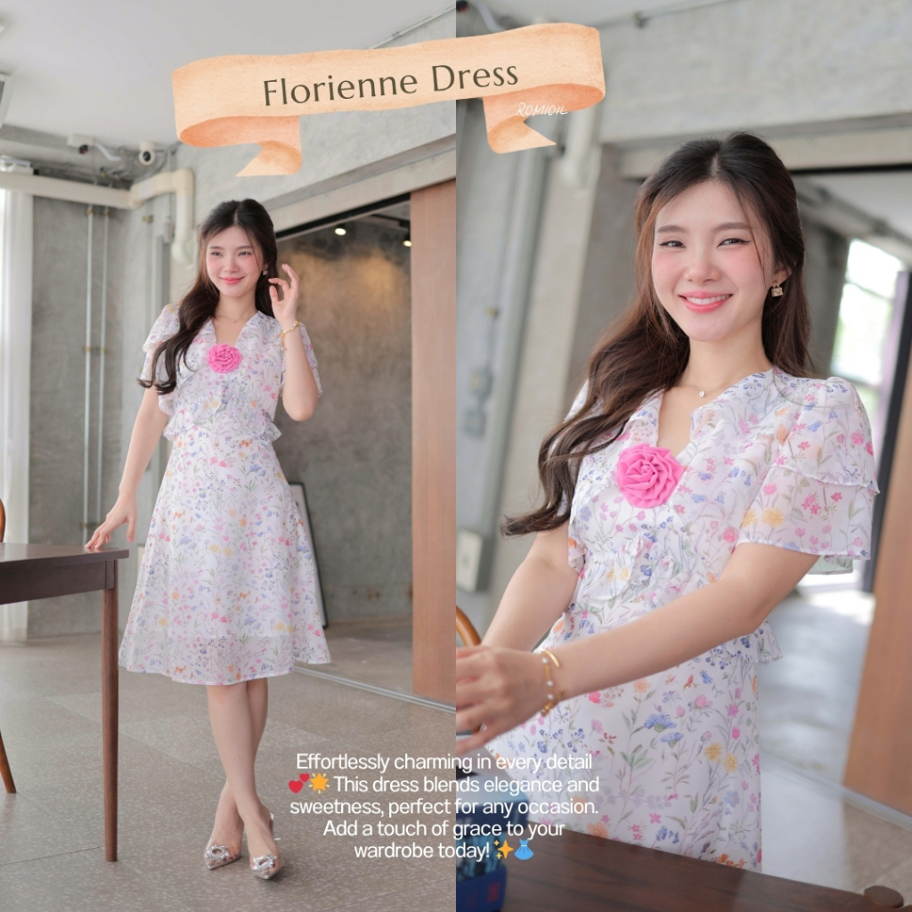 "Romi"Oil" Florienne Dress K247 ชุดเดรสสีขาว (แขนระบายแต่งดอกไม้ที่อก) (ป้ายแบรนด์ Puffy Peach)