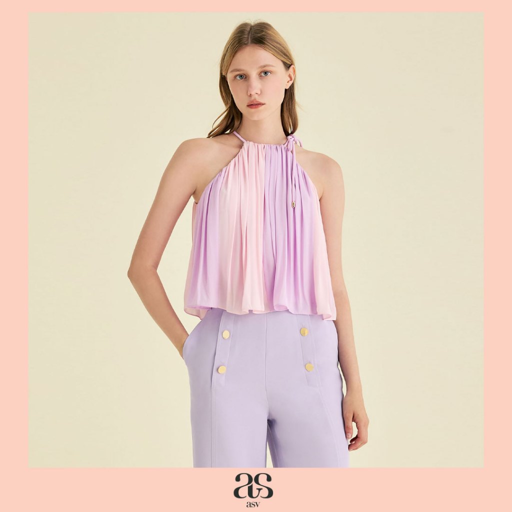 [asv ss25] Janet Halterneck Top เสื้อผู้หญิงคล้องคอ แขนกุด ผ้าชีฟองตัดต่อสลับสี ดีเทลรูดช่วงคอ ซิปหล