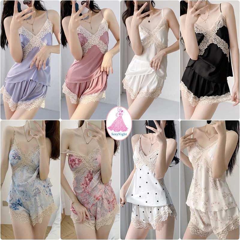 SexyNight ชุดอยู่บ้านชุดสองชิ้น คอวี ชุดนอนซาติน ชุดนอนสายเดี่ยว ลูกไม้เซ็กซี่ 10 สี ใส่สบาย ส่งไวจากไทย