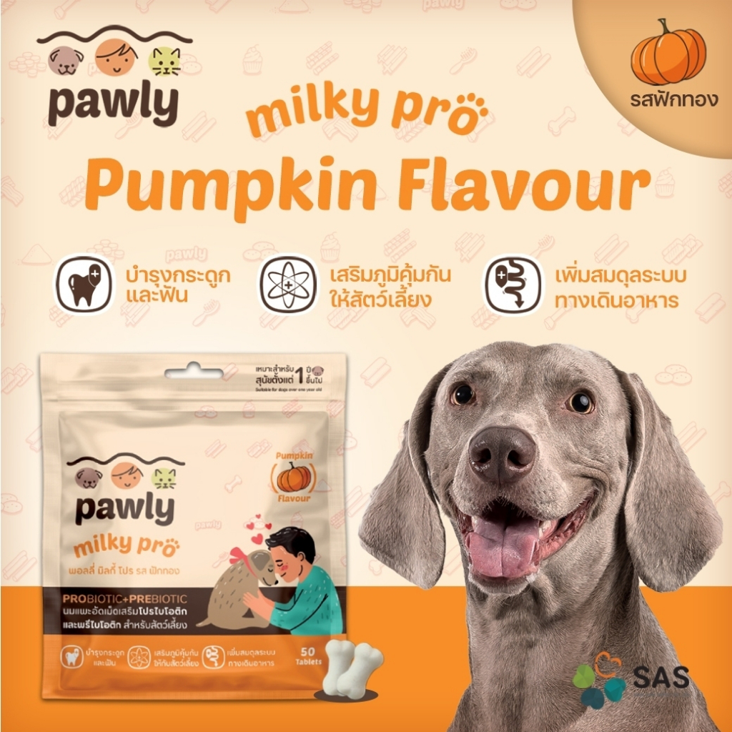 Pawly Milky Pro Pumpkin นมแพะอัดเม็ด เสริมภูมิคุ้มกัน สุนัข แมว มี โปรไบโอติกส์ 3 ชนิด บรรจุ50เม็ด/ถุง - รูปที่ 2