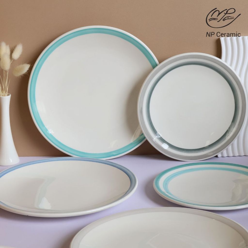 [ลดสูงสุด 80%] NP Ceramic จานเซรามิค สีขาววนสีขอบจาน