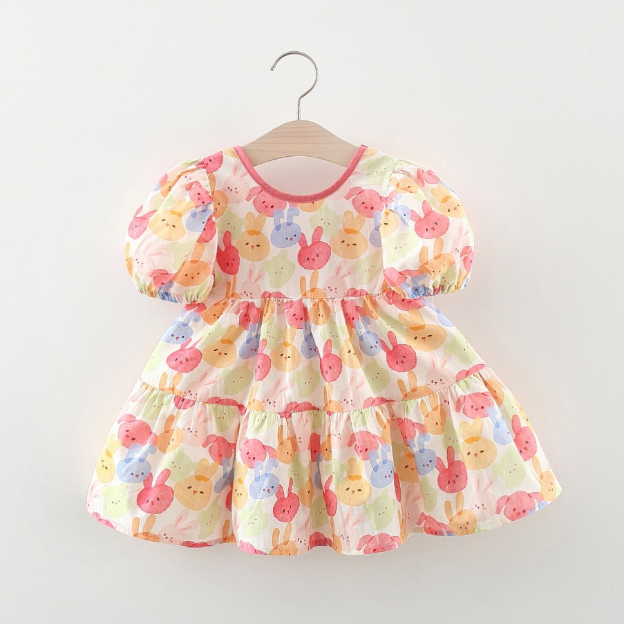 Babyonline(Y294)D5 (ส่งด่วน1วัน)ชุดเดรสเด็กผู้หญิงแขนพองแต่งโชว์หลังลายการ์ตูนสุดน่ารัก ผ้าฝ้าย นิ่ม