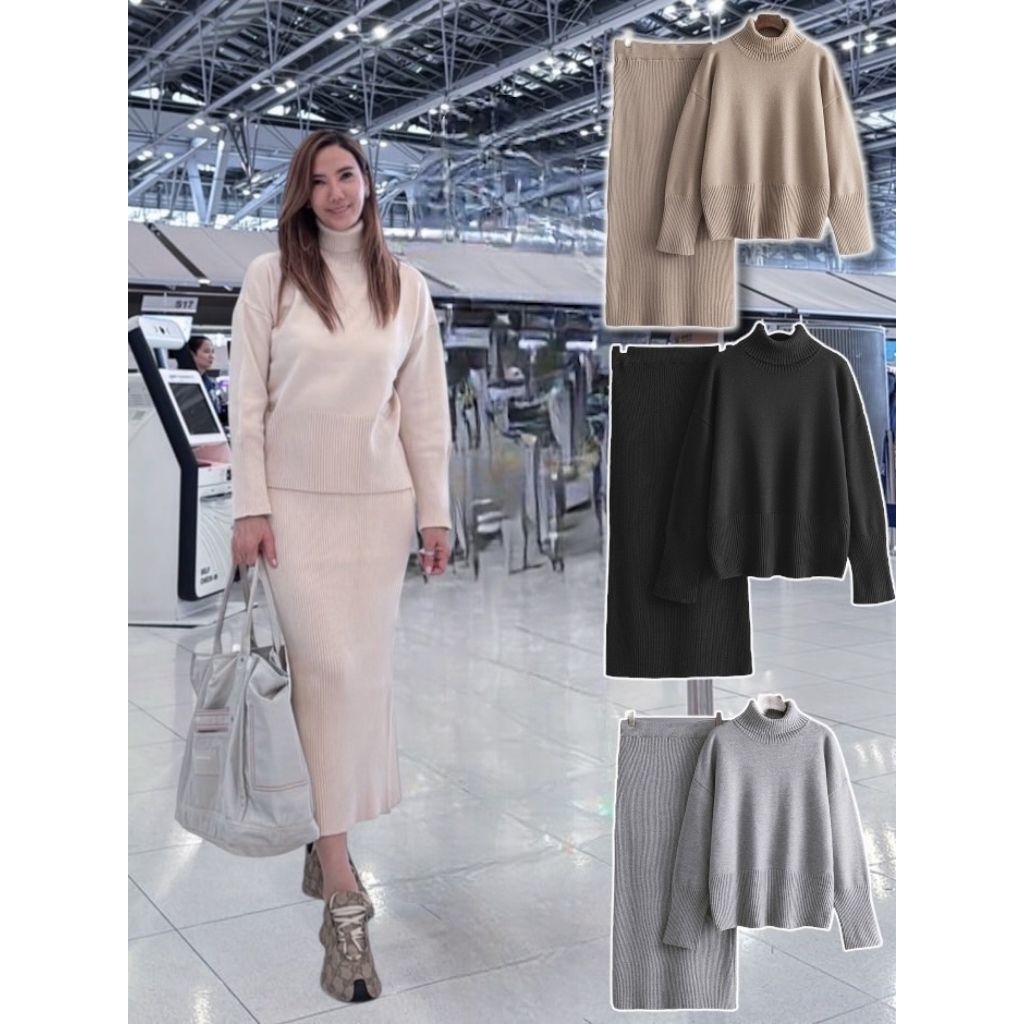 BP6 ชุดเซตขึ้นเครื่อง Airport look เนื้อผ้าไหมพรม​knitting เนื้อนุ่ม หนา คอเต่าใส่สวย มาพร้อมกระโปรงผ้าร่องเล็กทรงสอบ​