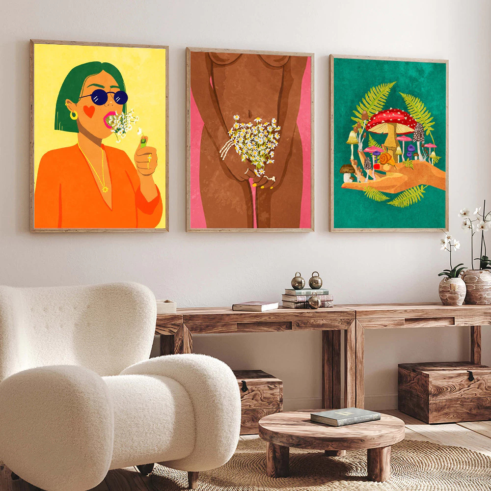 (พร้อมส่งจากไทย ภาพรวมกรอบ)ภาพผู้หญิง บุหรี่ดอกไม้ เปลือยกาย นามธรรม ตกแต่งห้องนั่งเล่น