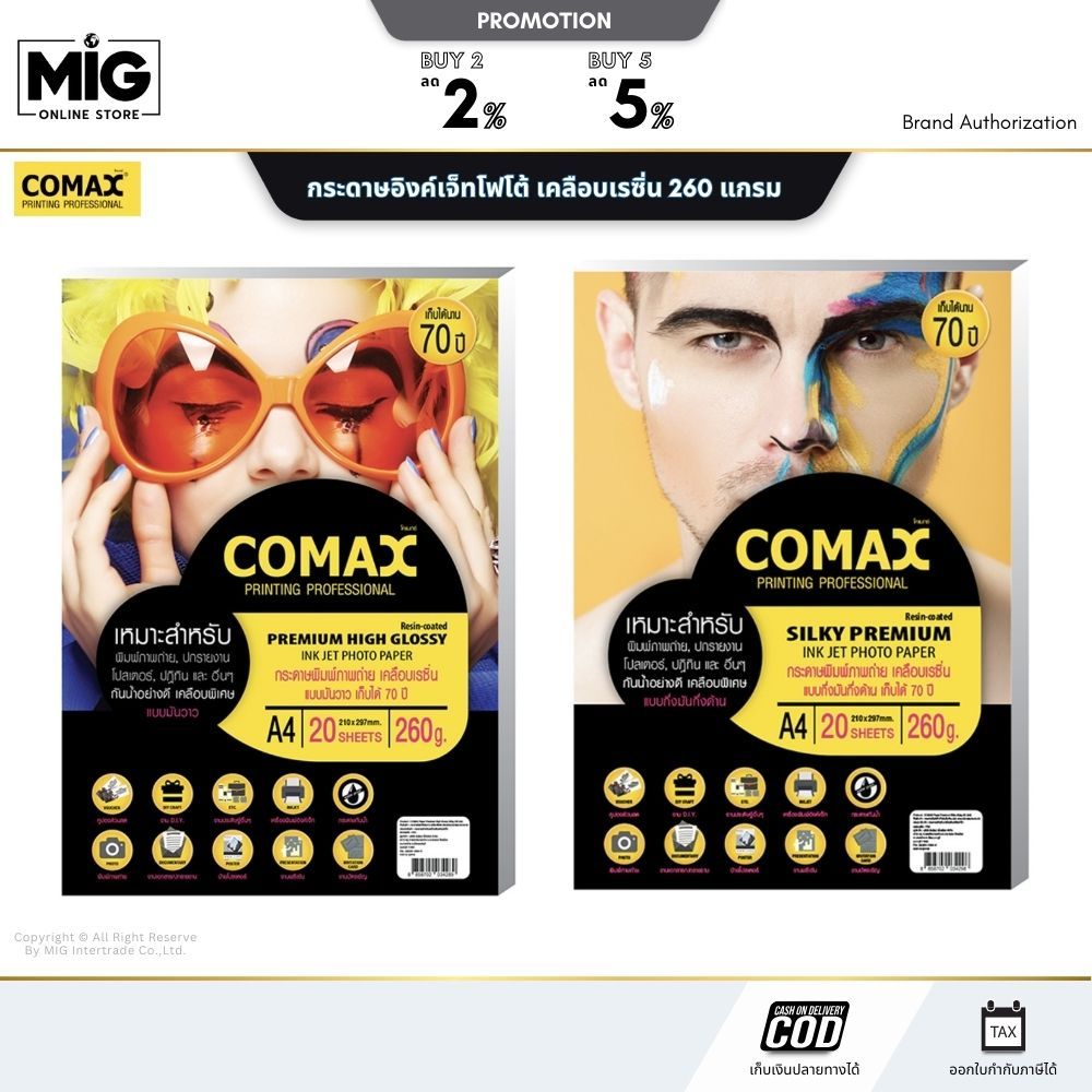 Comax กระดาษอิงค์เจ็ทโฟโต้ เคลือบเรซิน 260 แกรม ขนาด A4 แพ็ค 20 แผ่น ขนาด 4R แพ็ค 50 แผ่น เก็บได้นาน 70ปี