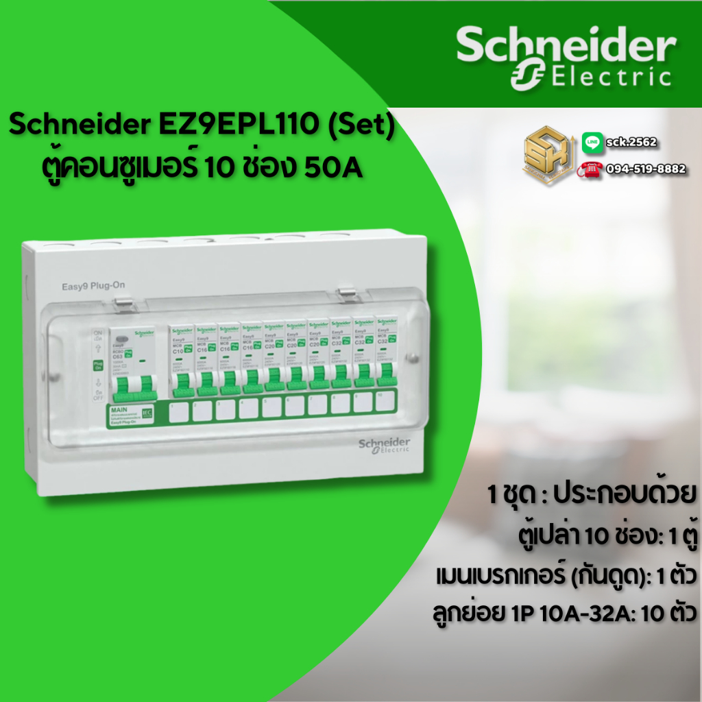 Schneider ตู้คอนซูมเมอร์ 10 ช่อง เมน RCBO&MCB 50A - 63A รุ่น Easy9 ได้ลูกย่อย 10-32A ทั้งหมด10 ลูก P