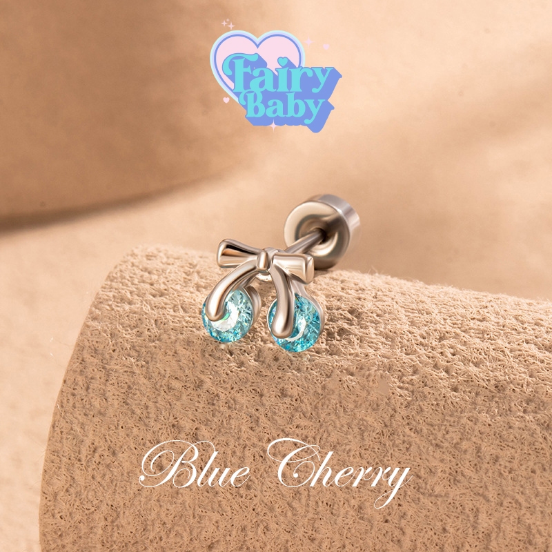 Fairybaby จิว Blue Cherry ( 1 ชิ้น) แป้นแบน รูปโบว์ เชอร์รี่ สีฟ้า น่ารัก หนา 0.8 ยาว 6 mm (J3-013)
