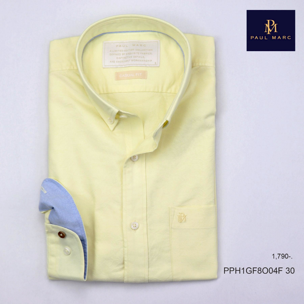 PAUL MARC เสื้อเชิ้ตแขนยาวสีเหลือง signature oxford ผ้านุ่มมาก cotton100% ปกติดกระดุม  PPH1GF8O04F