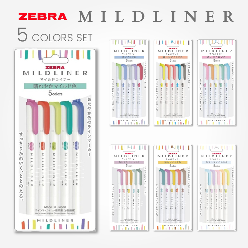 ปากกาไฮไลท์ Zebra MILDLINER ชุด 5 สี เขียนได้สองด้าน ปลายคู่ เครื่องเขียนสำหรับสมุดบันทึกจากญี่ปุ่น