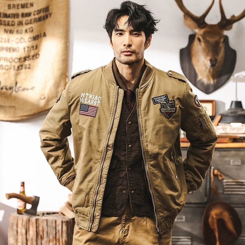 208#เสื้อแจ็กเกต สไตล์ อเมริกัน  ทอผ้าฝ้ายหนา /2ชั้น กระเป๋าด้านในใส่โทรศัพท์ได้