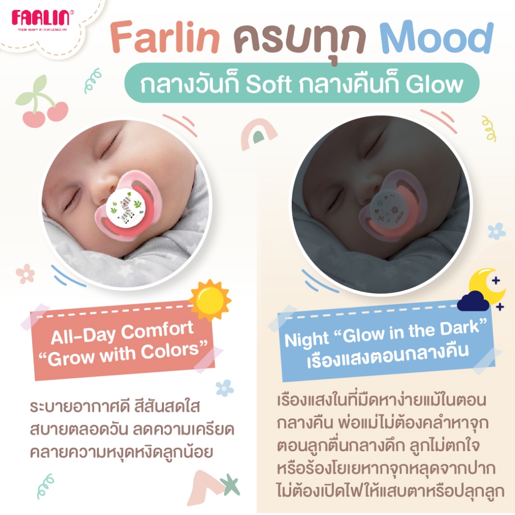 (มีมอก.)  จุกหลอก Farlin Chu Chu Cherry รุ่น Day/Night นิ่มสบาย หลับสนิท ลด Overfeeding (0,6,12 m+) - รูปที่ 3
