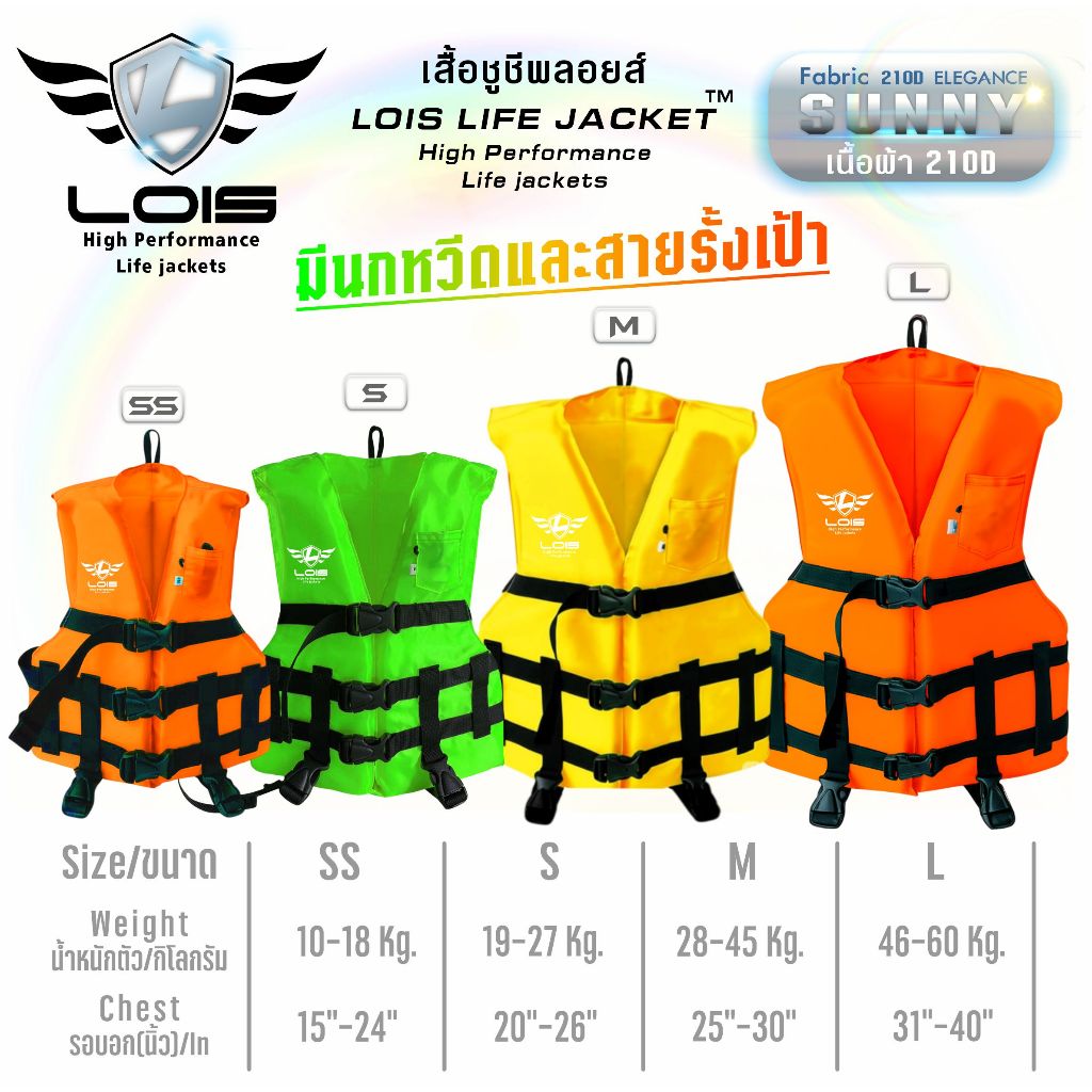 เสื้อชูชีพลอยส์ (sunny) สีส้ม/สีเขียว/สีเหลือง สำหรับเด็กและผู้ใหญ่ (SS,S,M,L) มีนกหวีดและสายรั้งเป้าเพื่อความปลอดภัย