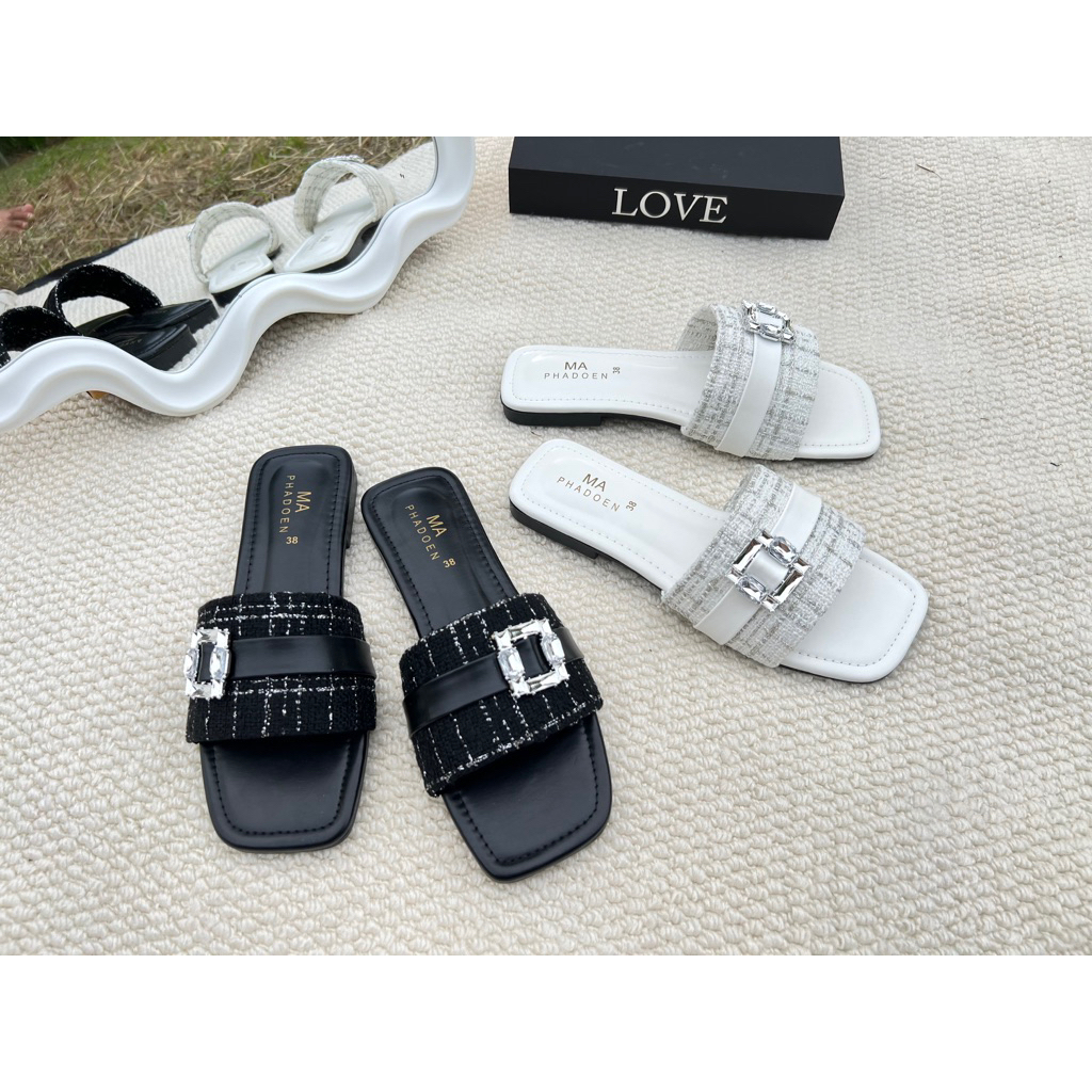 Rinya shoes💎 รองเท้าแตะแฟชั่น ผ้าทวิตคาดเข็มขัดเพชร สวยมากค่ะ มีไซด์36-45 สินค้าพร้อมส่งนะคะ