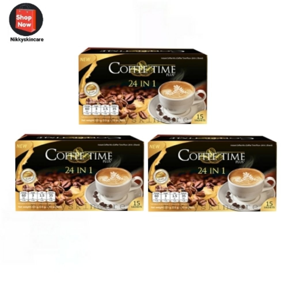 🌺พร้อมส่ง🌺Coffee time plus+ กาแฟคอฟฟี่ไทม์พลัส+ 24 in 1 ( 1กล่องมี 15 ซอง )ชุด 3 กล่อง