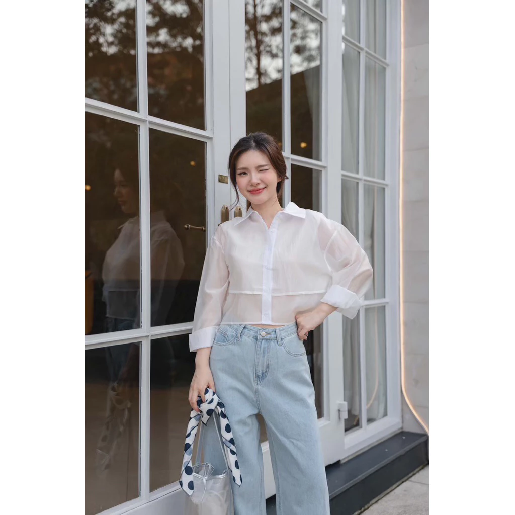 Silk double layer cropped shirt by MAMIL