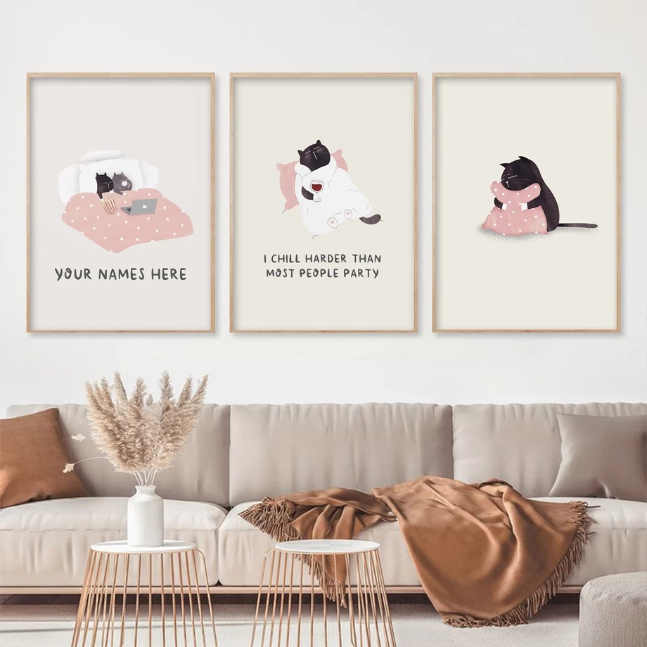 (พร้อมส่งจากไทย ภาพรวมกรอบ)รูปแมวดำขี้เกียจ สไตล์นอร์ดิก Kawaii ภาพสําหรับห้องนั่งเล่น ห้องเด็ก