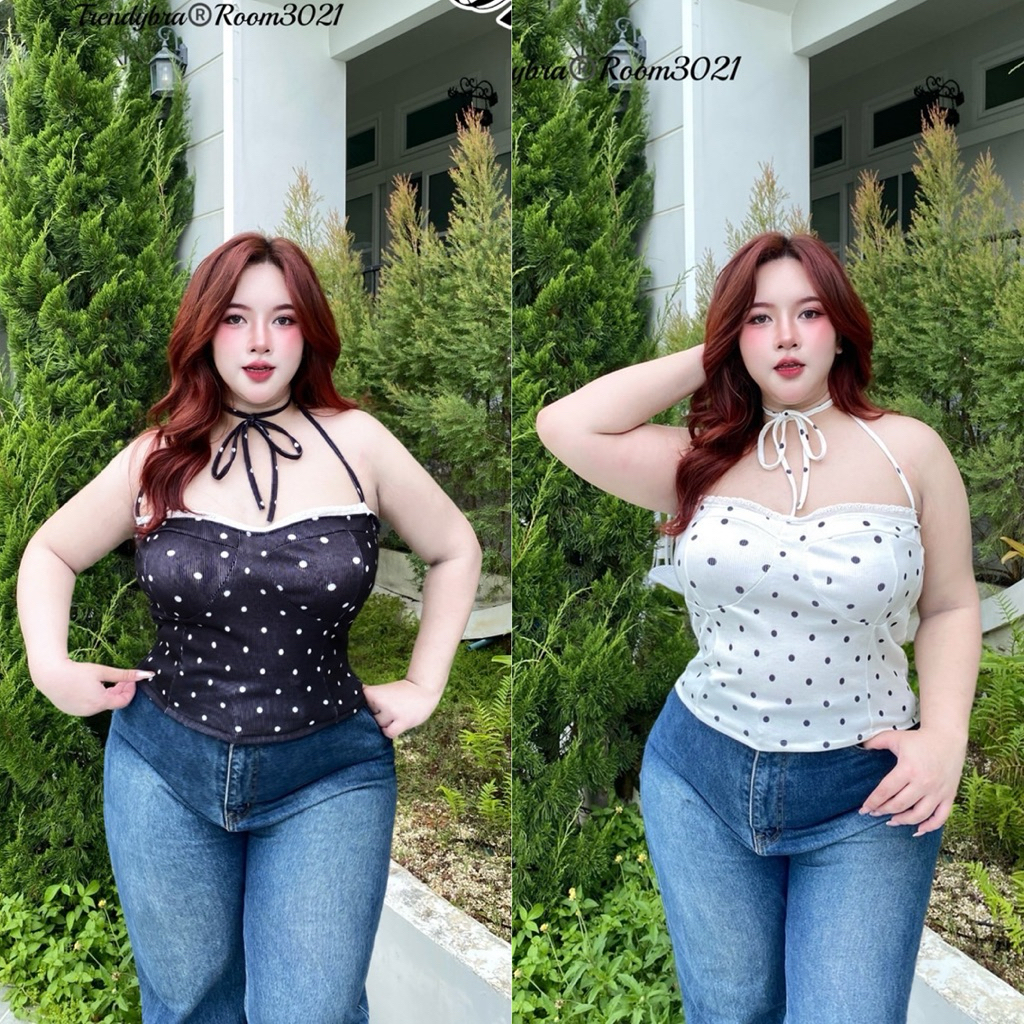/TB/ เสื้อครอปสายผูกคอ สาวอวบ มีไซส์อก40-52 polka dot สุดฮิต แต่งลูกไม้ฉลุ น่ารักมาก #เสื้อไซส์ใหญ่ สาว อ้วน พลัสไซส์