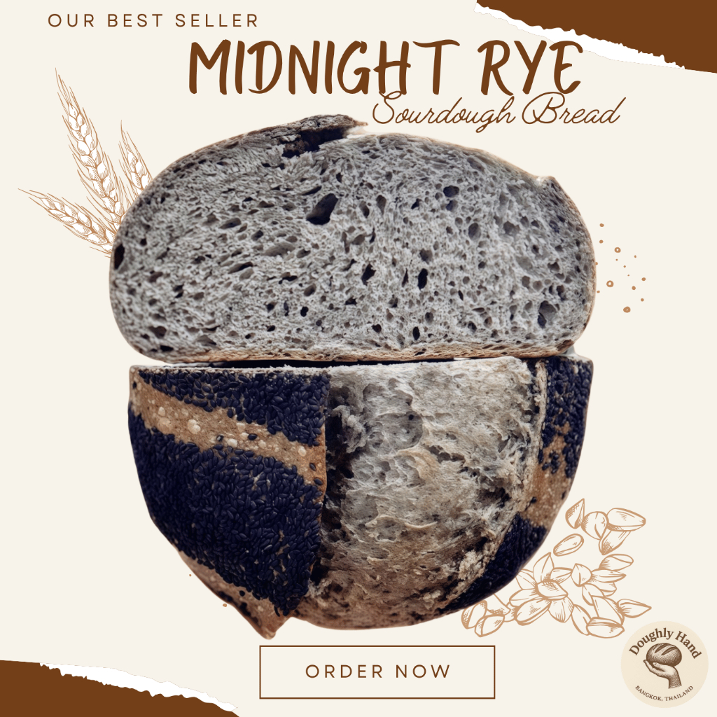 🍞🌑 มิดไนท์ ไรย์ ซาวโดว์ (Midnight Rye Sourdough) 15% Rye Flour – โดย Doughly Hand