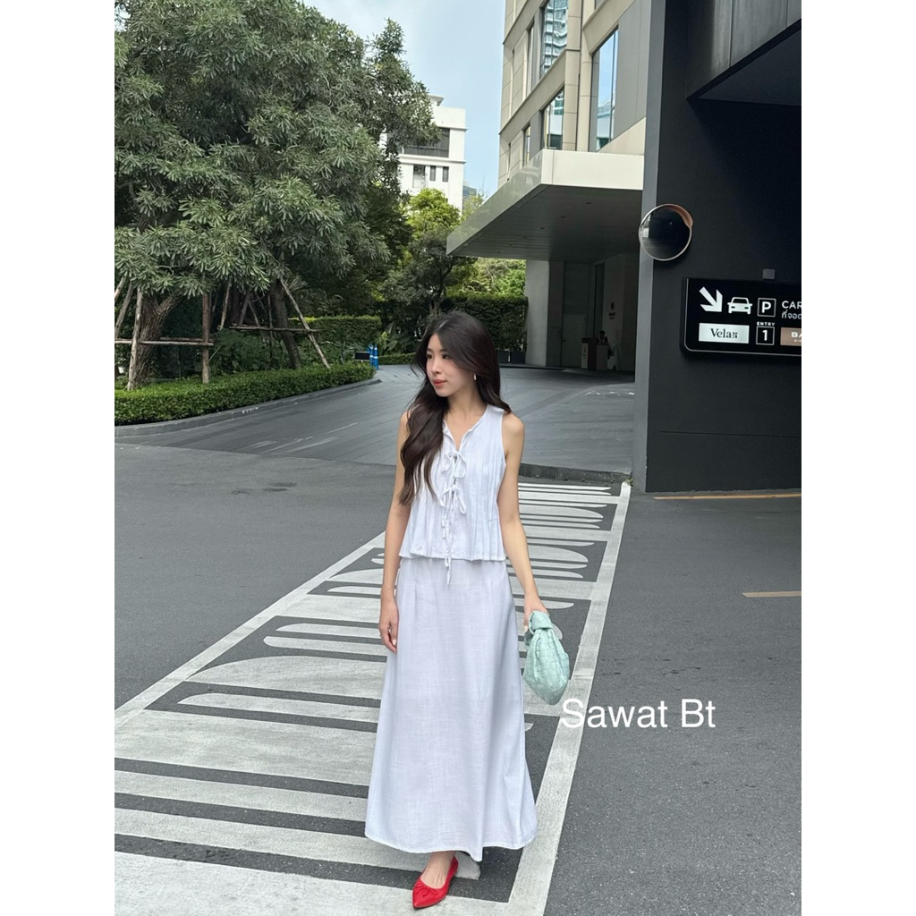Sawat_bt Pony linen set สินค้าใหม่พร้อมส่ง ดีเทลตัวเสื้อแขนกุด แบบสวมหัวและมัดผูกโบแทนกระดุม
