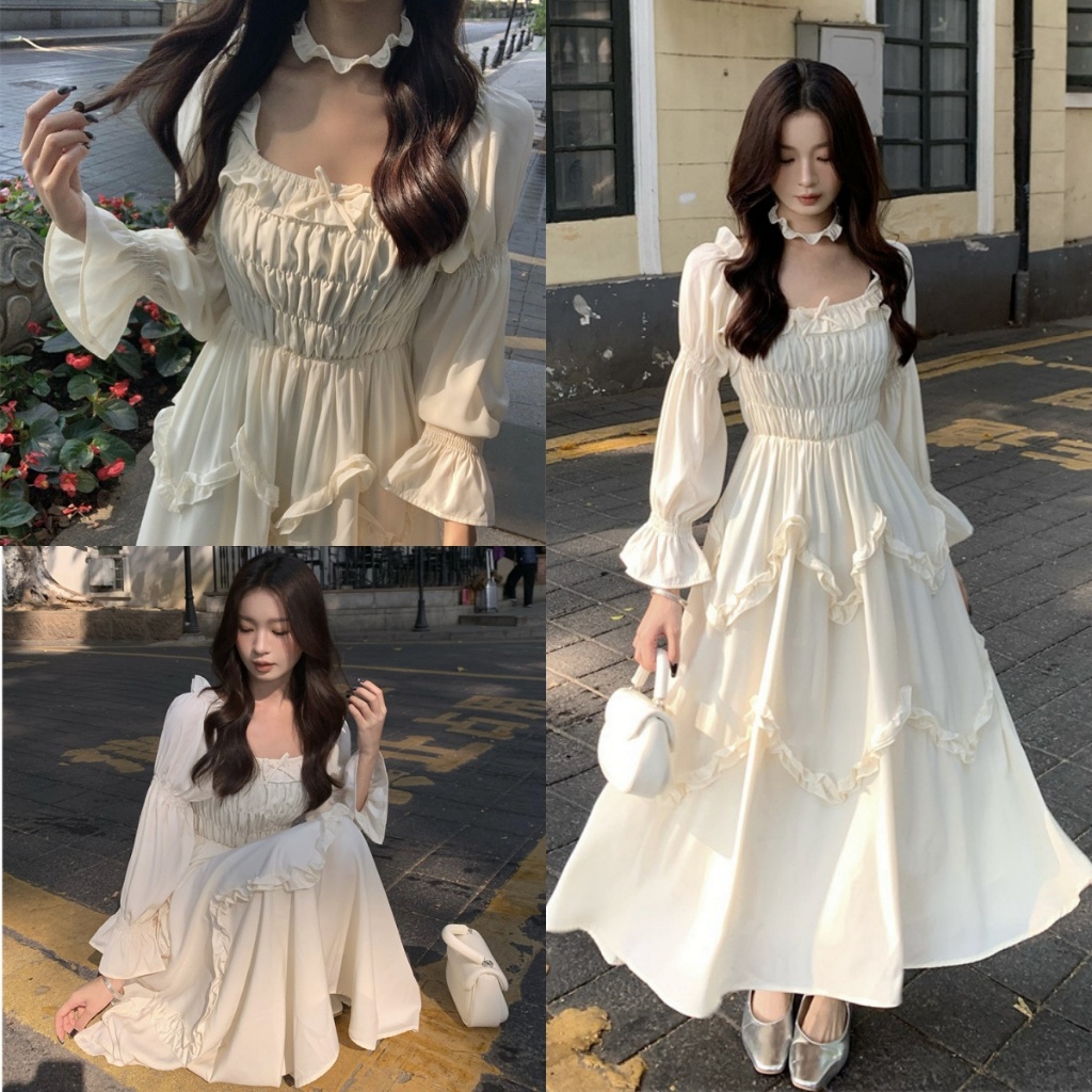 Blossom Closet💗เดรสแขนพอง แม็กซี่เดรส เอวสูง แขนยาว คอเหลี่ยม ผูกโบว์ สไตล์หวานๆ