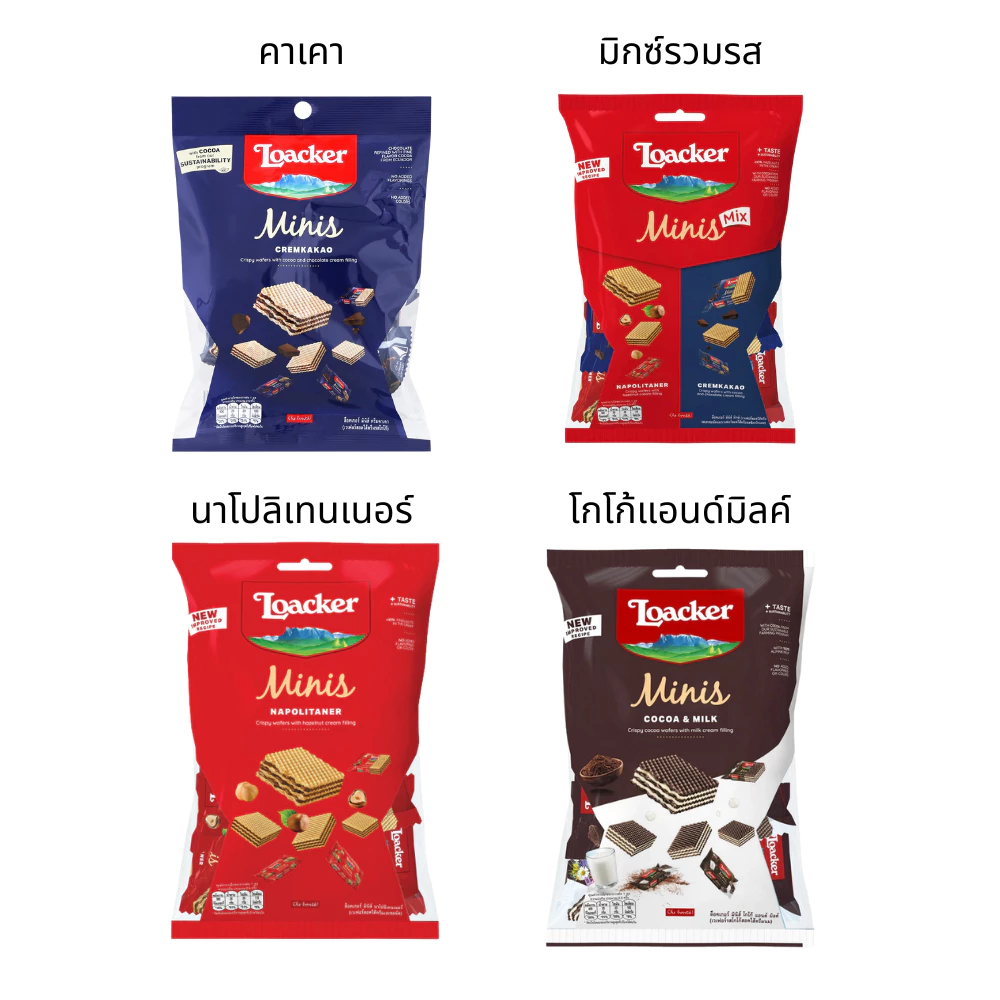 ขนม เวเฟอร์ล็อคเกอร์ มินิส์ Loacker minis 80กรัม ถุงเล็ก ช็อกโกแลต นม รวมรส คาเคา นาโปลิเทนเนอร์