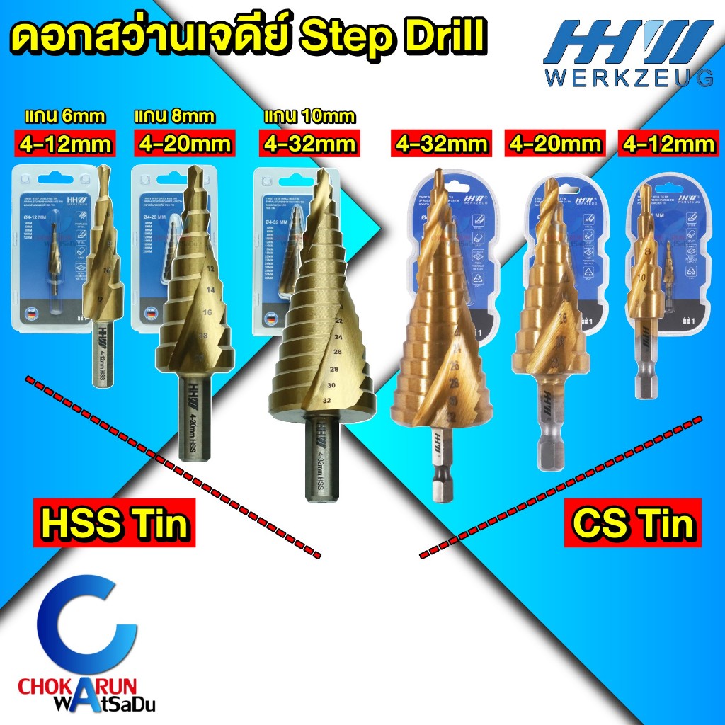 HHW ดอกสว่านทรงเจดีย์ HSS TIN CS - เจดีย์ ดอกสว่านขยาย เจาะเหล็ก ดอกสว่านสเต็บ ดอกสว่าน ดอกเจาะเหล็ก