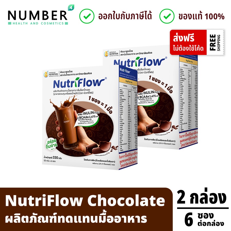 ส่งด่วน!! Nutriflow 2 กล่อง นิวทริโฟล โปรตีนจากพืช รสช็อกโกแลต (Chocolate) กล่องละ 6 ซอง แถมฟรี แก้ว