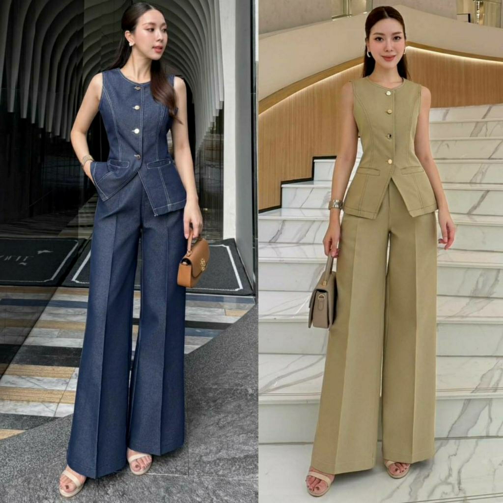 (S-XL) Shimmer 📣พร้อมส่งเซตเสื้อคอกลมกระดุมหน้าเนื้อผ้าเดนิม+กางเกงขาทรงกระบอกให้ลุคสวยเท่ห๋คลาสสิค