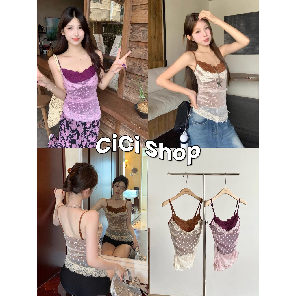 Cicishop(J2172) เสื้อสายเดี่ยวดีเทลเย็บ 2 ชั้น  แต่งลูกไม้ แต่งเฉียงข้าง สายปรับได้ สไตล์สาวฮอต