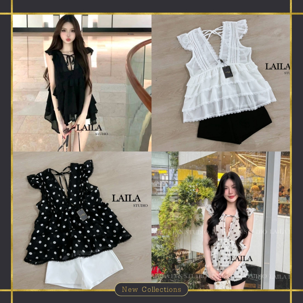 ❥ S-XL ชุดเซ็ท เสื้อชีฟอง + กางเกงขาสั้น สีขาวดำ ลายจุด งานป้าย Laila ชุดเซตน่ารัก ชุดไปคาเฟ่