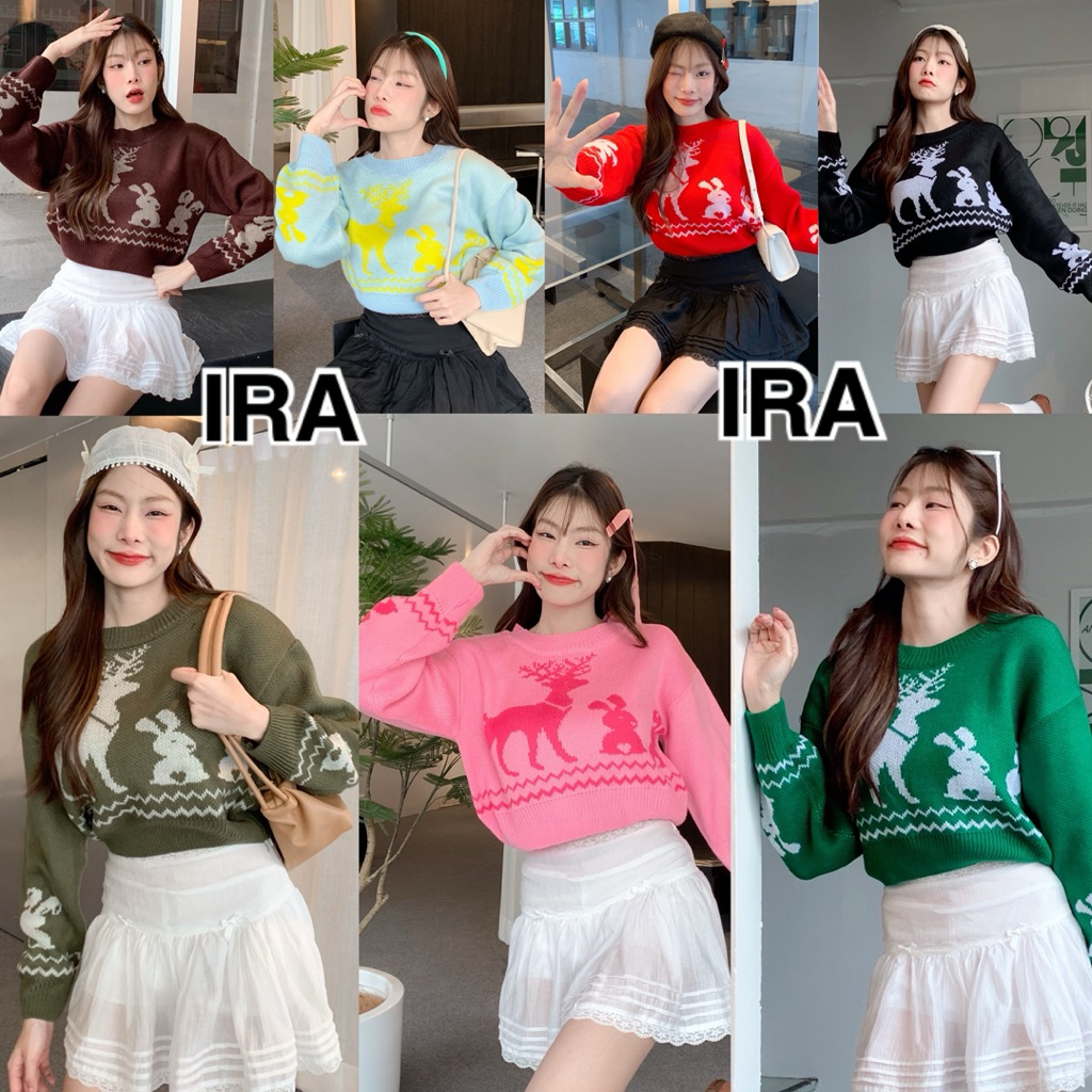 BY IRA 🦌พร้อมส่ง🐰เสื้อครอปไหมพรมแขนยาว ลายกวางและน้องกระต่าย ผ้าไหมพรมนุ่มนิ่ม ไม่คัน ไม่แข็ง น่ารักกกกกมากหก