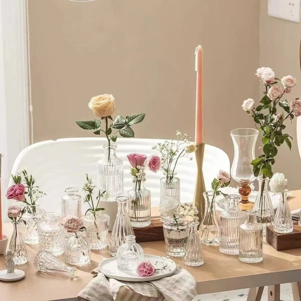 พร้อมส่ง insแจกันแก้วใส ใส่ดอกไม้ ตกแต่งห้องนั่งเล่น ทรงรูปขวด แบบสั้น glass vase สุดน่ารัก