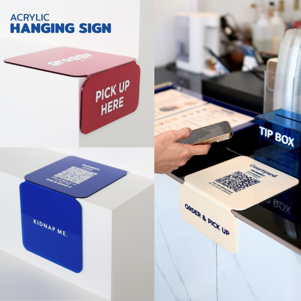 ป้ายอะคริลิค ติดโต๊ะ เคาท์เตอร์ Qr Code ป้ายรับของ pick up แต่งร้าน สั่งผลิต HANGING SIGN KIDNAP ME.