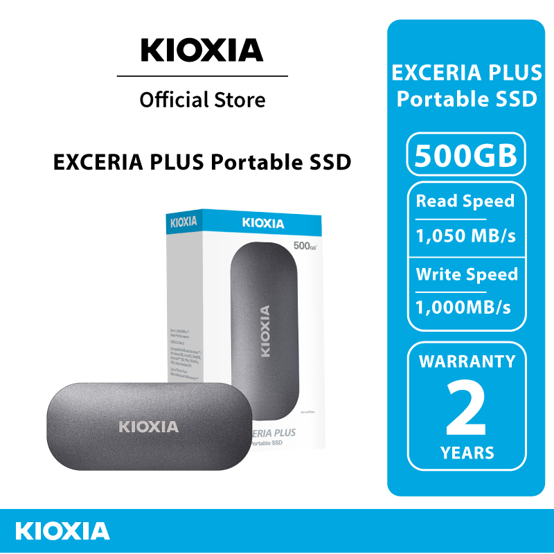 KIOXIA EXCERIA SSD 500GB PLUS Portable R1050 W1000 แบบพกพา ความอ่าน/เขียนสูงสุด1,050/1,000 MB/s (LXD