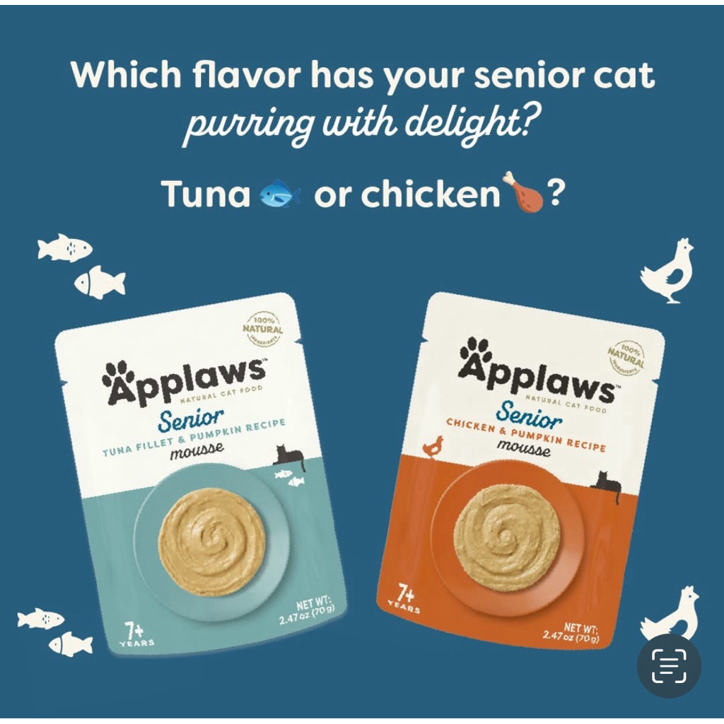 พร้อมส่ง 📦❌Sale 1 แพ็ค 12 ซอง (70 G) อาหารแมวสูงวัยเนื้อมูส Applaws Natural Senior Wet Cat Food in Creamy Mousse,