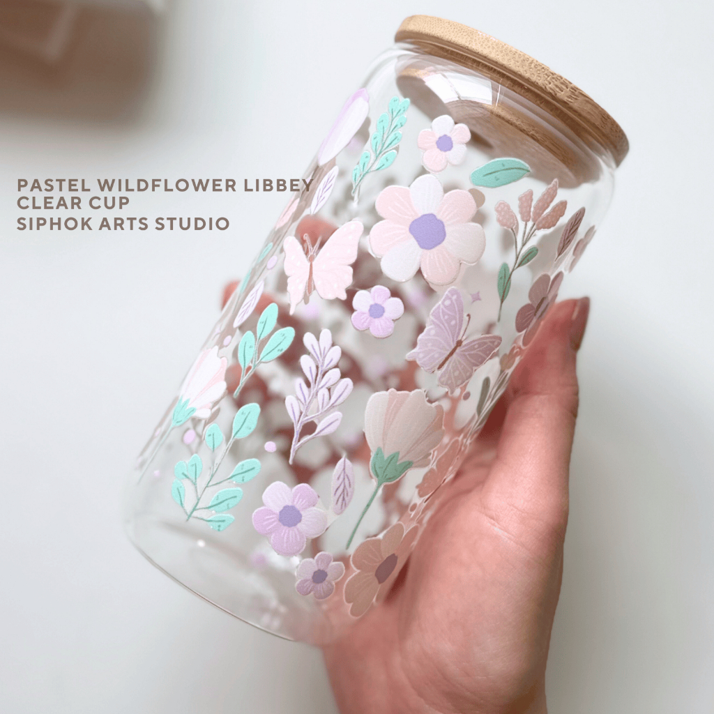 Pastel Wildflower Libbey Clear Cup - น้องแก้วใสดอกไม้พาสเทล แก้วน้ำ แก้วชา กาแฟ น่ารัก ขนาด 16oz