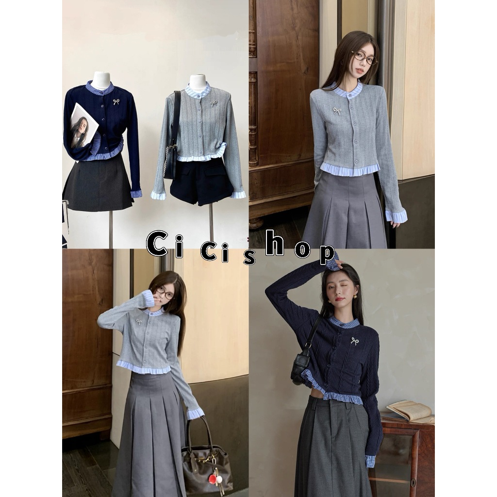 Cicishop(Y6335) เสื้อไหมพรมคอกลม ดีเทลแต่งระบาย แถมเข็มกลัด สไตล์สาวเกาหลีมหาวิทยาลัย