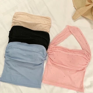 พร้อมส่ง✨คล้องคอซีทรู ติดเพชร ลุคเซ็กซี่ แมชชิ่งง่าย ฟองน้ำในตัว
